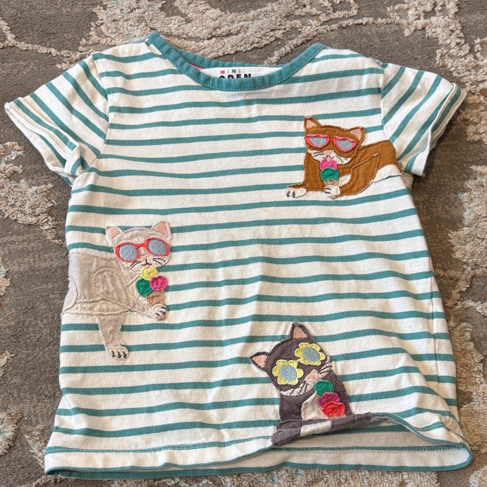 Mini Boden Teal Striped Shirt with Cat and Ice Cream Design